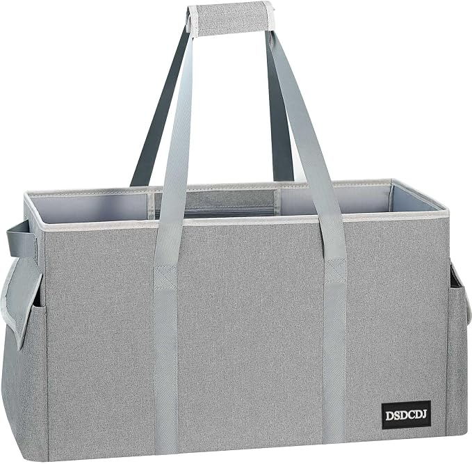 Standing Extra Large Utility Tote Bag with Hard Bottom & Hard Sides, Heavy Duty Reusable Grocery Bags with Handles & 3 Pockets for Shopping, Beach, Picnics, Car (22.5"x11"x12", Grey)