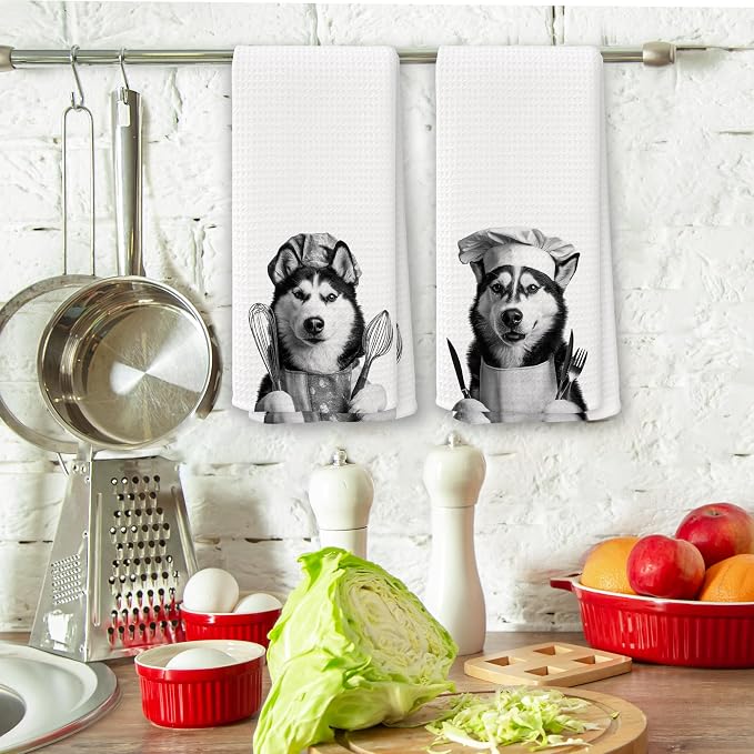 Funny Chef Siberian Husky Kitchen Towels Set of 2, Husky Lovers Gifts Dish Tea Towels for Kitchen, Dog Mom Dad Lovers Owner Gifts Decorative Hand Towel, 16x24 Inch