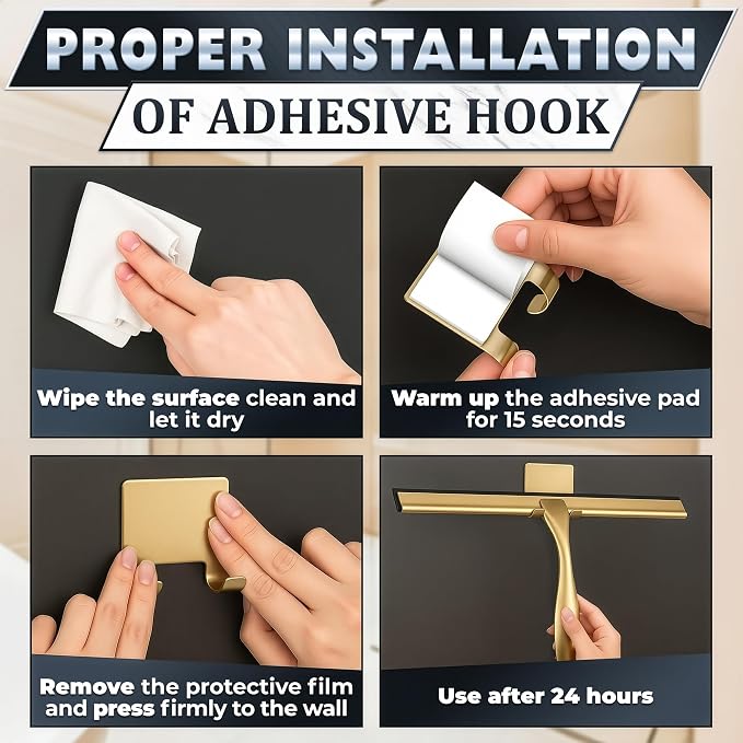 Shower Door Squeegee with Hook - 12" Silicone Blade, Stainless Steel Gold Squeegee for Shower Glass with Adhesive Mount - All-Purpose Bathroom Tile, Mirror, & Window Wiper for Streak-Free Cleaning