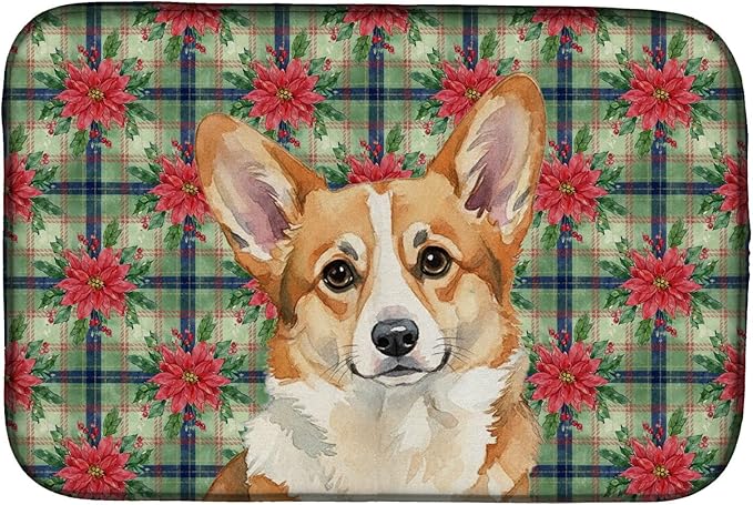 Caroline's Treasures Corgi Christmas PoinsettIas Dish Drying Mat Absorbent Dish Drying Mat Pad for Kitchen Counter Dish Drainer Mat for Countertop, 14 x 21", Multicolor