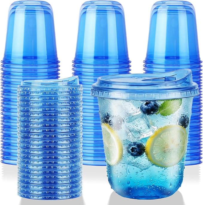 12oz Disposable Stemless Glasses With Strawless Sip Lids,PET Disposable Drinking Cups,Clear Plastic Wine Glasses for Parties Birthday,Wedding,Meeting,Christmas Party Supplies. (50, Blue)