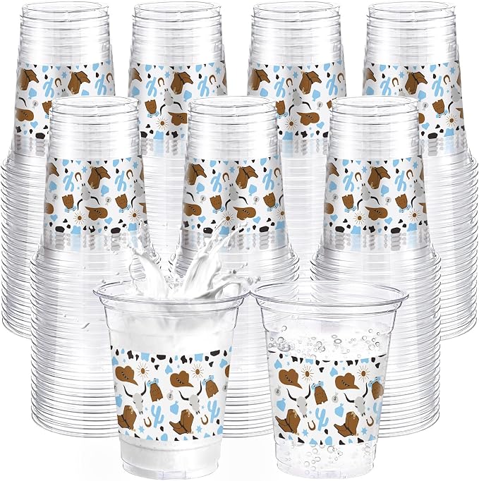 Jingmore 100 Pcs Western Plastic Cups 12 oz Clear Disposable Plastic Cowboy Cowgirl Drinking Cups Bulk for Boho Preppy Baby Shower Birthday Wild West Party Decoration Supplies(Cowboy,Brown and Blue)