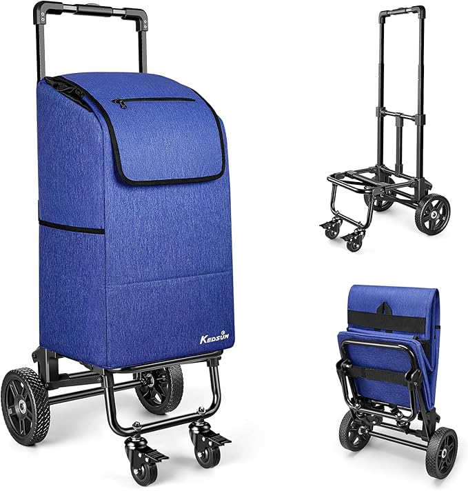 KEDSUM 3 in 1 Shopping Cart with Wheels, 60L/250LBS Multi Use Grocery Cart with 7" Big Wheels & Removable Waterproof Bag, Personal Shopping Carts for Groceries, Telescoping Handle & Thickened Steel