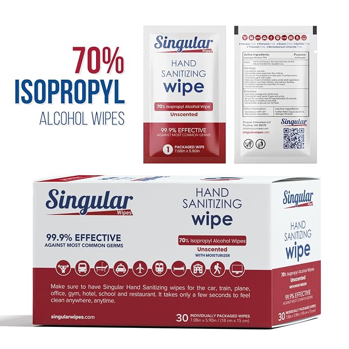 Hand Sanitizing Wipes Travel Size by Singular Wipes –30ct Individually Wrapped | Fragrance-Free, Moisturizing, 70% Isopropyl Alcohol Wipes | Travel, Home, Office, Daily Use