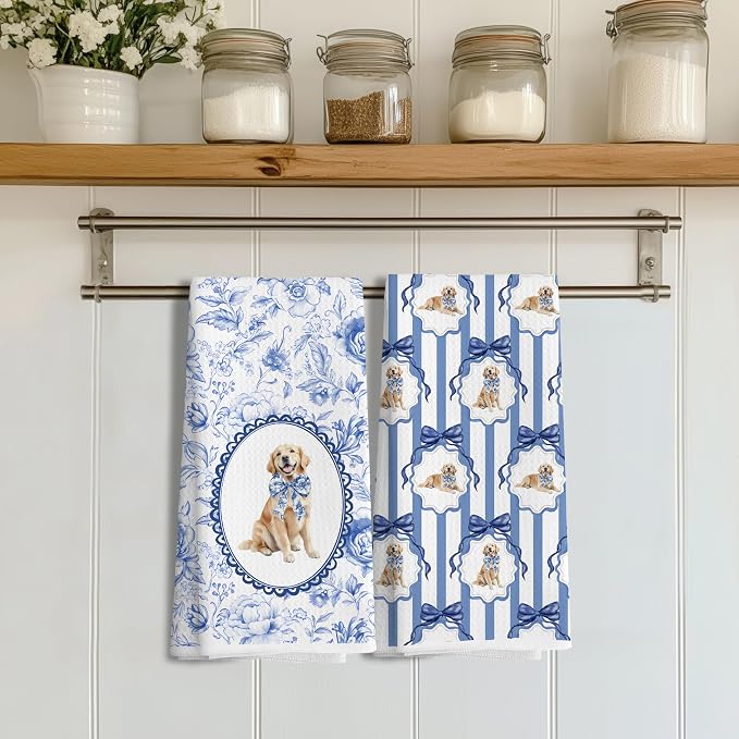 Chinoiserie Golden Retriever Gifts Kitchen Towels,Blue and White Floral Golden Retriever Decorative Dish Towels,Grandmillennial Botanical Dog Hand Towels for Bathroom,16x24 Inch Set of 2