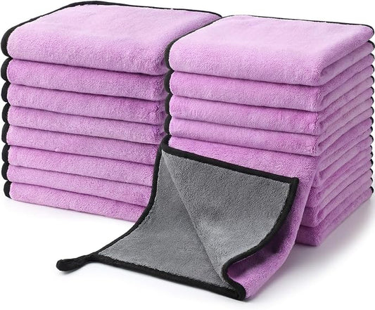 Nuenen 20 Pcs Microfiber Car Drying Towels Microfiber Cleaning Cloth 800 GSM Thick Plush Cleaning Dusting Cloth Auto Detailing Absorbent Towels Rags for Car Household Kitchen Window(Grey and Purple)