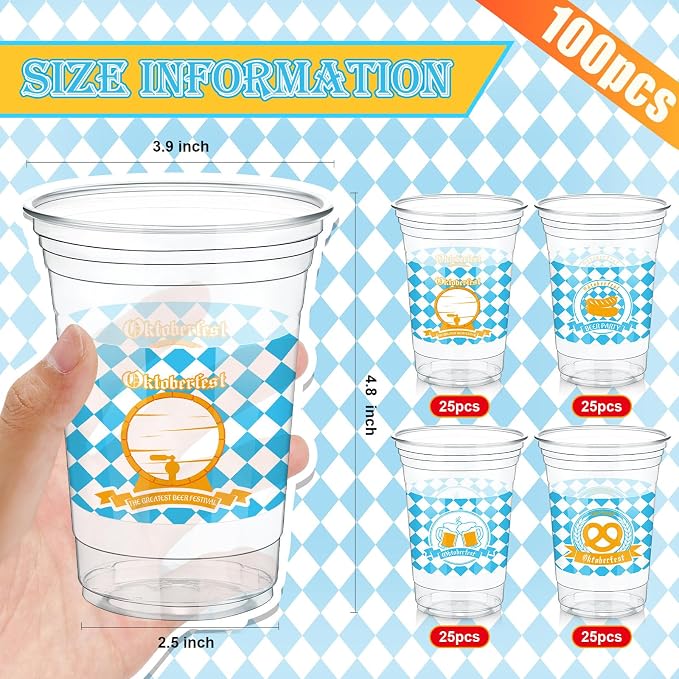 Jingmore 100 Pcs 12 oz Oktoberfest Clear Plastic Cups Oktoberfest Disposable Cups for Cold Hot Drinking Party Supply Festival Cups Beer Water Container for Beer Festival Carnival Party Favor