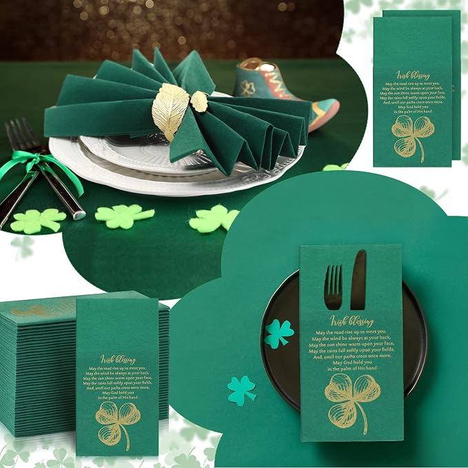 Tenceur 50 Pcs St. Patrick's Day Irish Blessing Paper Napkins 16x16'' Disposable Green Paper Napkins with Built in Flatware Pocket for Family Dinner Party Supplies Restaurants Daily Dinners