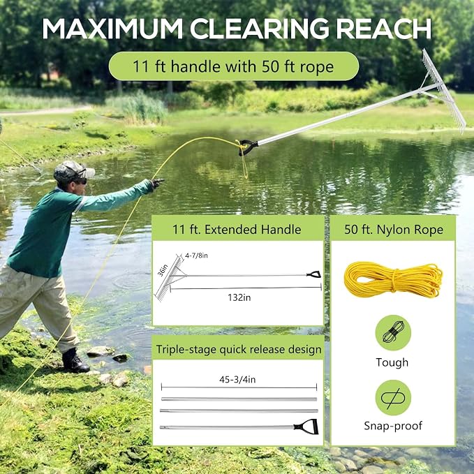 Floating Lake Rake, 36" Aluminum All Purpose Lake and Landscape Rake with 11' Extension Handle and 52' Rope, Weed & Algae Removal