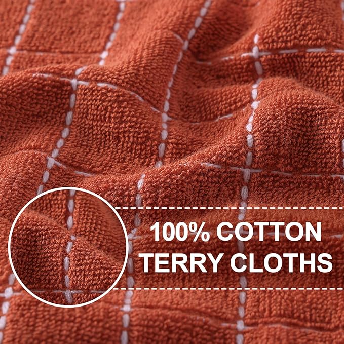 Homaxy 100% Cotton Terry Kitchen Towels(Rust, 13 x 28 inches), Checkered Designed, Soft and Super Absorbent Dish Towels, 4 Pack