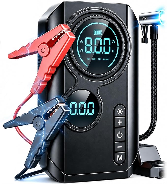 9000A Jump Starter with Air Compressor 10-1 Portable Tire Inflator German Fast-Charging Power Bank Car Diesel Battery Booster for Car Owners Camping Road Trips Family Safety Gift (multipurpose use)