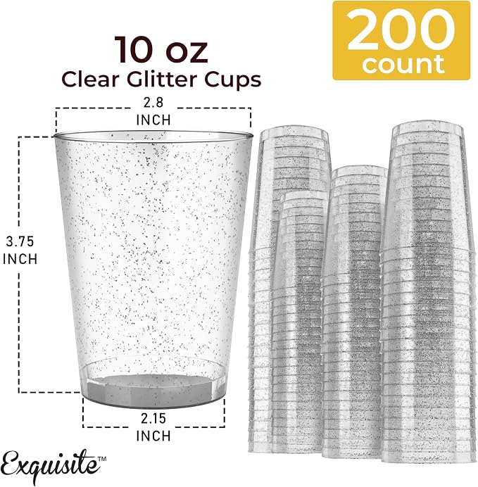 Exquisite Silver Plastic Cups Disposable, Clear Plastic Tumblers 10 Oz. 200 Ct. - Glitter Tumblers, Silver Glitter Cups Disposable For Party, Weddings, Cocktail Glasses & Wine Glasses