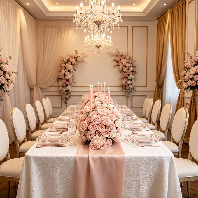 GATHER 350PCS Rose Gold Plastic Plates - Disposable Rose Gold Dinnerware Includes 100 Clear Rose Golds Rimmed Plastic Plates, 150 Silverware, 50 Napkins, 50 Cups for Party, Wedding, Baby Shower