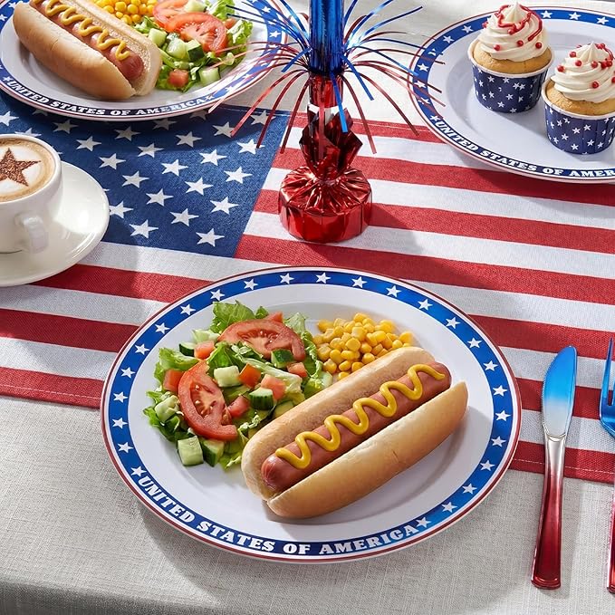 BESTVIP 50Pcs 4th of July Plastic Plates 10 Inch - Heavy Duty American Flag Patriotic Disposable Plates, Red White Blue Dinnerware for Independence Day Veterans Day BBQ party supplies