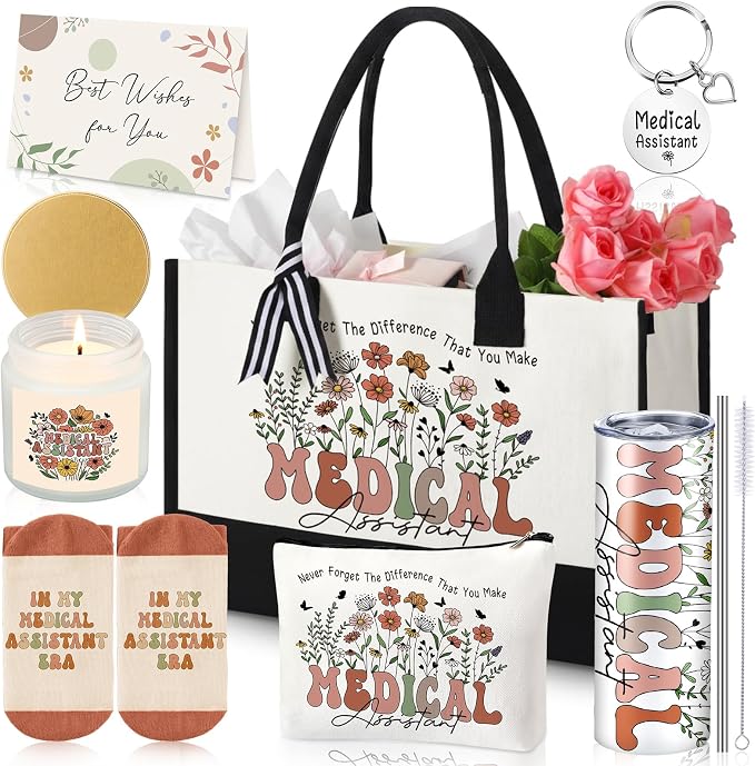 Patelai 7 Pcs Medical Assistant Appreciation Gifts for Women MA Assistants Graduation Recognition Gift Best Medical Assistant Ever Tote Bag Tumbler Candle Socks Nurse Week Hospital Week Gift