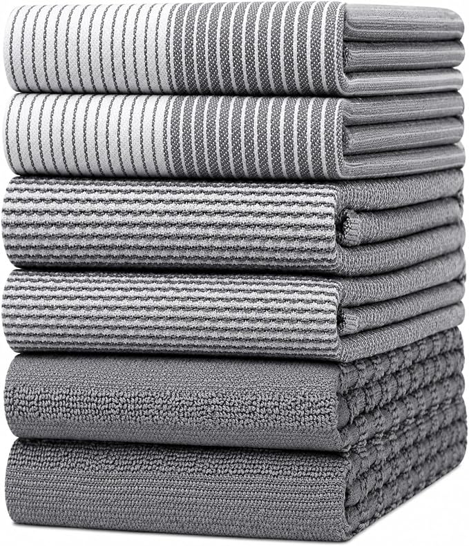Premium Kitchen Towels (20”x 28”, 6 Pack) | Large Cotton Dish Towels | Flat & Terry Highly Absorbent Kitchen Linen Set with Hanging Loop | Gray