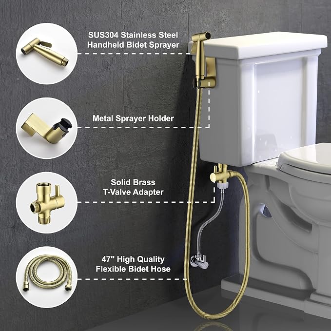 SHAMANDA Handheld Bidet Sprayer for Toilet, Stainless Steel Baby Cloth Diaper Sprayer Kit, Bathroom Toilet Bidet Attachment Set for Bathing Pets Feminine Hygiene, Brushed Gold BDS01-3