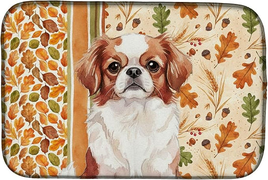 Caroline's Treasures Red and White Japanese Chin Heirloom Fall Dish Drying Mat Absorbent Dish Drying Mat Pad for Kitchen Counter Dish Drainer Mat for Countertop, 14 x 21", Multicolor