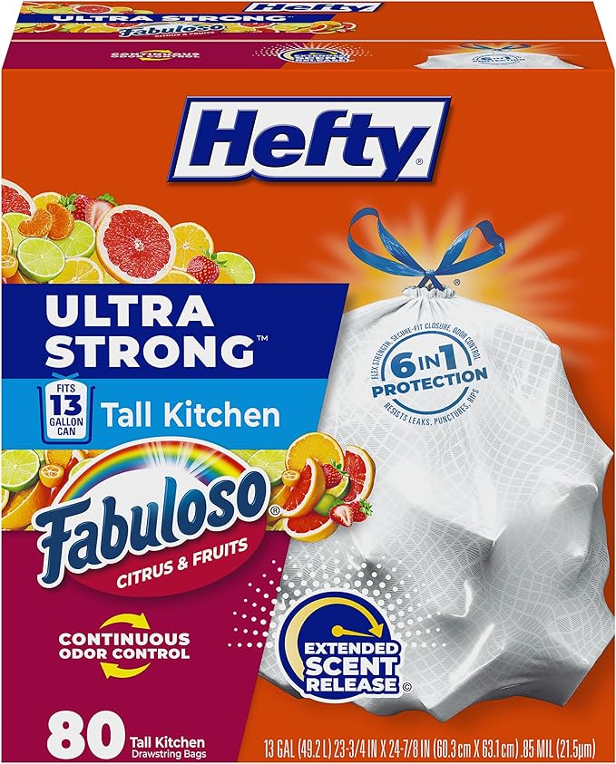 Hefty Ultra Strong 13 Gallon Trash Bags, Tall Kitchen Trash Bags 13 Gallon Size, White, Fabuloso Citrus & Fruits Scent, 80 Bags