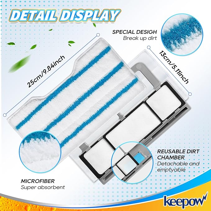 KEEPOW Reusable Mop Pads Refills, Mop Replacement Pads Compatible with Mop VM252 VM200 VC205 VM250 /QM250 VM190 VM200P12, Hardwood Floor Mop Pad with Upgraded Dirt Chamber