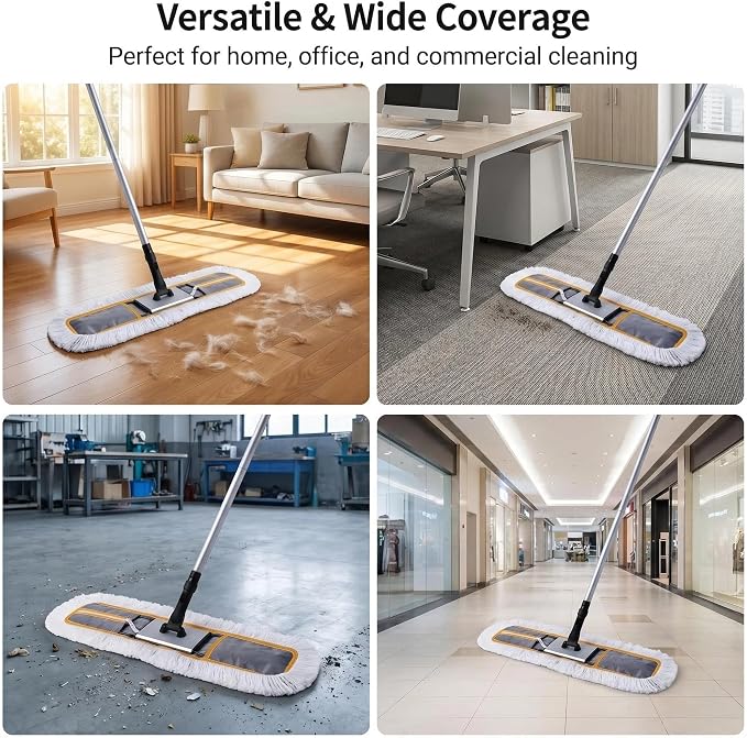CLEANHOME 24" Commercial Dust Mop for Floor Cleaning, Heavy Duty Sweeper Broom with 2 Microfiber Mop Pads, Wet and Dry Duster Sweeper Broom for Marble, Laminate, Hardwood Floor Cleaning ,Grey