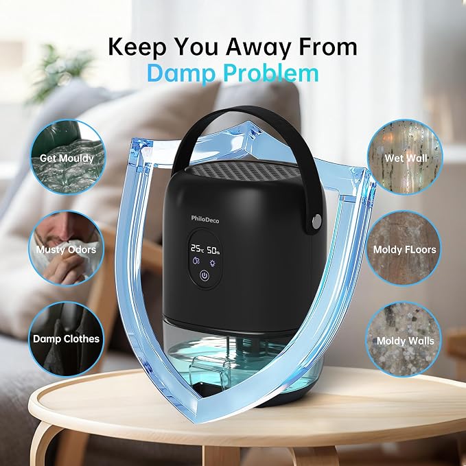PHILODECO 35 OZ Dehumidifiers for Home(280 sq.ft), Ultra Quiet 25 dB for Bedroom & Bathroom with Auto Shut Off, Small Dehumidifiers for Closet, RV & Basement, 7 Colors LED Light, Black