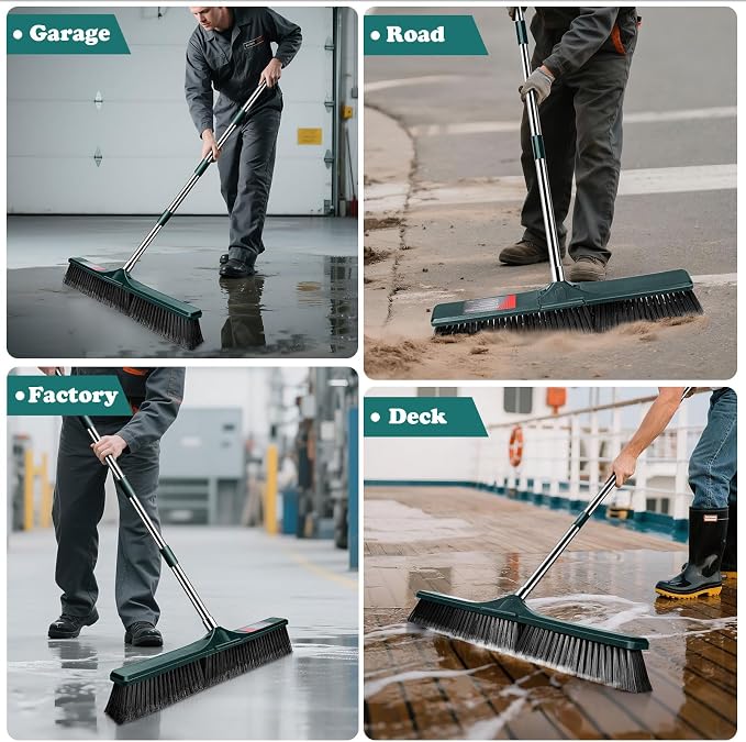 MASTERTOP 24" Push Broom Outdoor, Heavy Duty Garden Brush Broom with 58" Long Handle and Stiff Bristles,Commercial Outdoor Broom for Deck Driveway Garage Yard Patio Warehouse Concrete Floor Cleaning