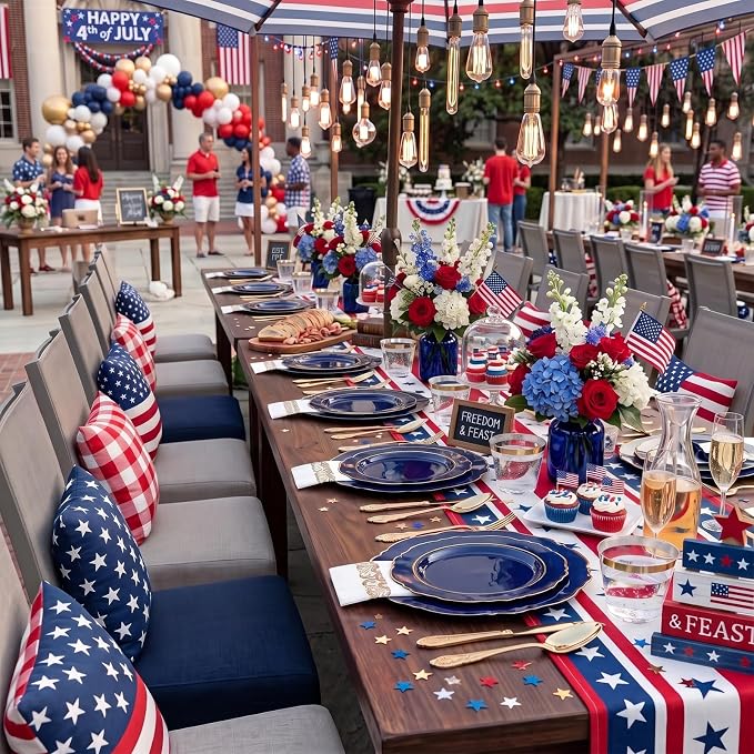 KIRE 210Pcs Navy Blue Plastic Plates - Blue and Gold Plates Disposable - 30guest Baroque Plastic Dinnerware for Upscale Wedding/Parties/4th of July