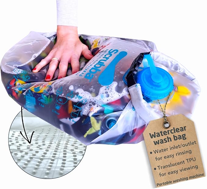 Scrubba WATERCLEAR Wash Bag - Patented Washboard-in-a-Bag™ Portable Manual Washing Machine for Travel, Camping, Backpacking & Cruise - Larger Water Inlet/Outlet for Easy Rinsing - (6.9 oz)