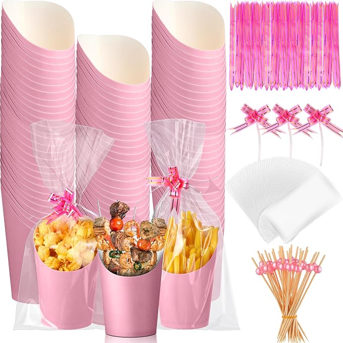 Bokon 100 Set 14 oz Charcuterie Cup with Stick and Bag, Disposable French Fries Snack Popcorn Dessert Fruit Holder for Birthday Wedding Graduation Party Supplies(Pink)