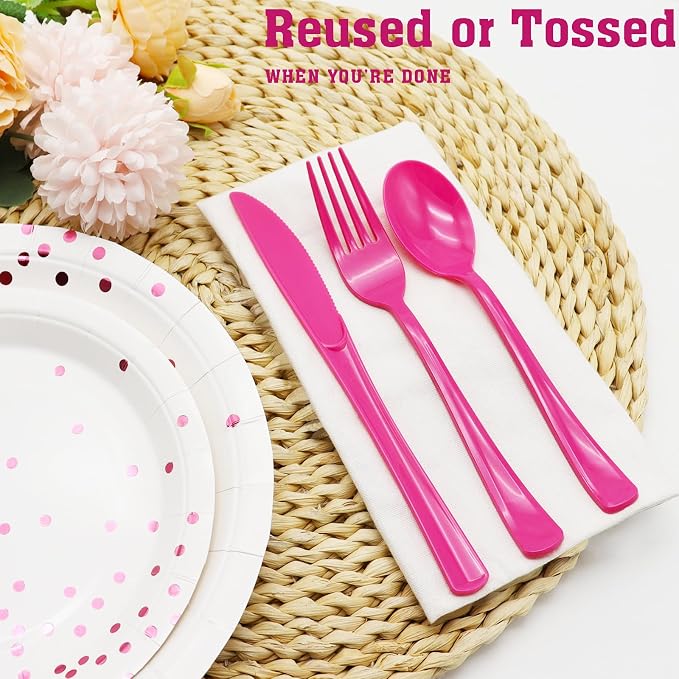 150 Pcs Hot Pink Plastic Silverware Hot Pink Plastic Utensils Heavy Duty - 50 Forks, 50 Knives, 50 Spoons for Valentine's Day,Birthday Bachelorette Wedding Bridal Shower
