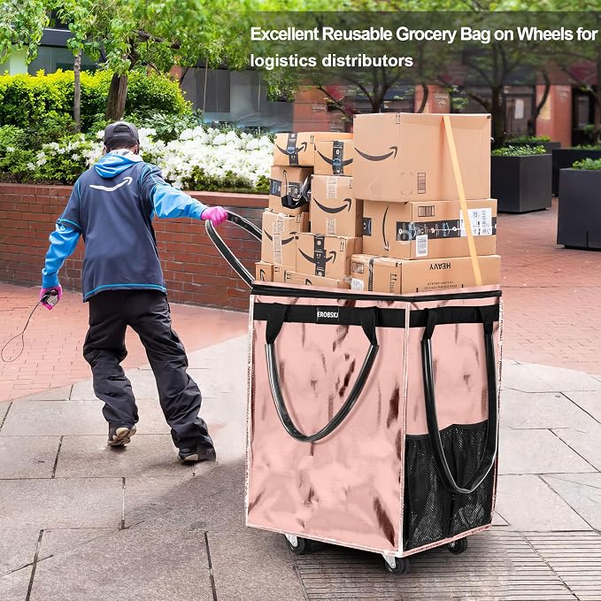 (Medium,Rose Gold) Reusable Grocery Bag on Wheels, 70L Foldable Rolling Tote, Shopping Trolley, Wide Zipper Shopping Carts for Trips, Laundry, Groceries, Camping, Storage,4 Heavy Duty Wheels