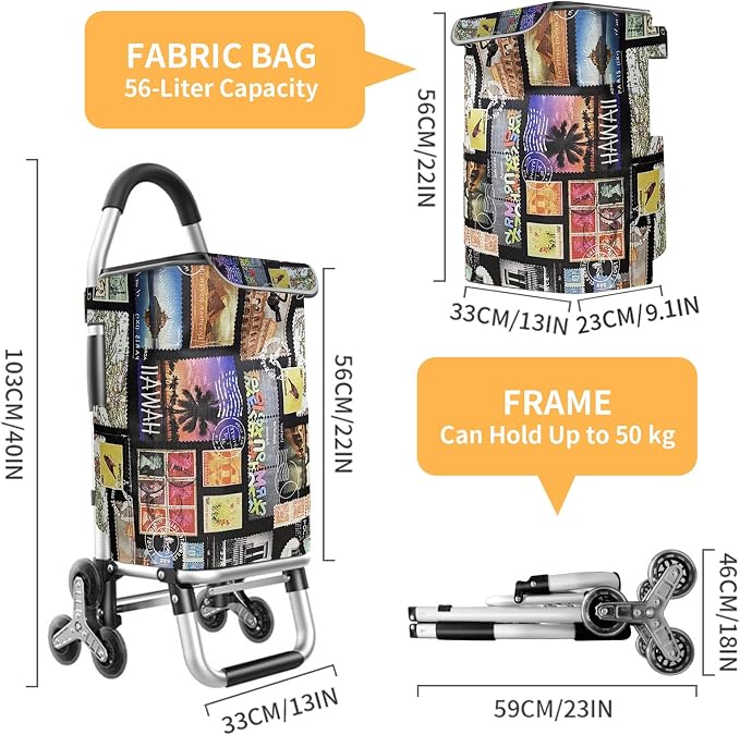 Heavy Duty 3 in 1 Shopping Cart, Foldable Hand Truck with 6 Wheels, 110 lbs Grocery Cart, Portable Utility Dolly, Waterproof Bag for Moving, Camping