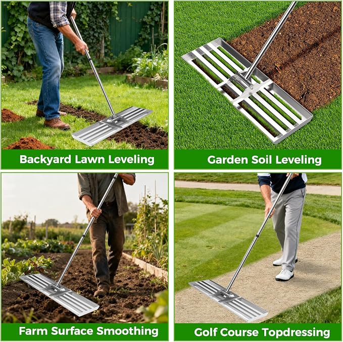 30" x 10" Lawn Leveling Rake, Heavy Duty 304 Stainless Steel Lawn Leveler | 78" adjustable handle, Curved edge for smooth leveling, reinforced triangle support, professional-grade build