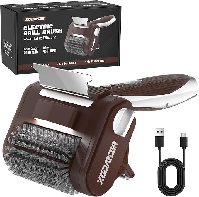 Electric Grill Brush for Outdoor Grill, Rechargeable BBQ Grill Cleaner Stainless Steel Brush with 450RPM Stainless Roller,LED Light, Scraper,Grilling Gifts for Men/Dad