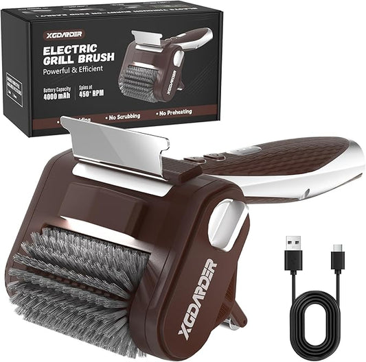 Electric Grill Brush for Outdoor Grill, Rechargeable BBQ Grill Cleaner Stainless Steel Brush with 450RPM Stainless Roller,LED Light, Scraper,Grilling Gifts for Men/Dad