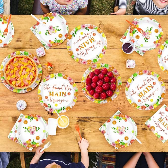 96Pcs She Found Her Main Squeeze Party Decorations Lemon Bridal Shower Plates and Napkins Citrus Decorations for Citrus Lemonade Orange Spring Fruit Bachelorette Wedding Party Supplies Serves 24