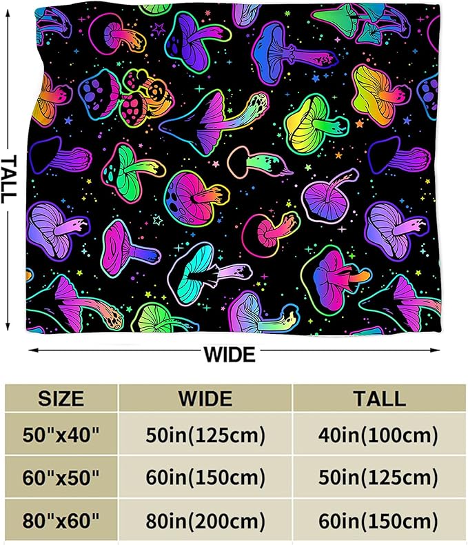 Colorful Mushroom Blanket for Girls, Women, Kids & Adults - Soft, Warm & Cozy Fleece Blanket for Couch, Sofa & Bed - 50"x40"