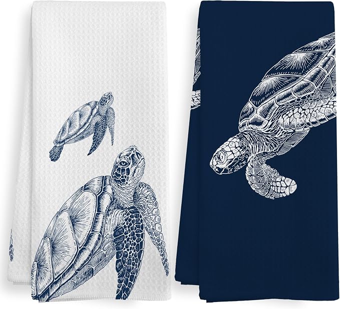 Coastal Turtle Beach Decor Dish Hand Tea Towels for Bathroom Kitchen, Sea Turtle Ocean Nautical Beachy Bathroom Decor Gifts, Coastal Nautical Kitchen Towels and Dishcloths Sets of 2, 16x24in