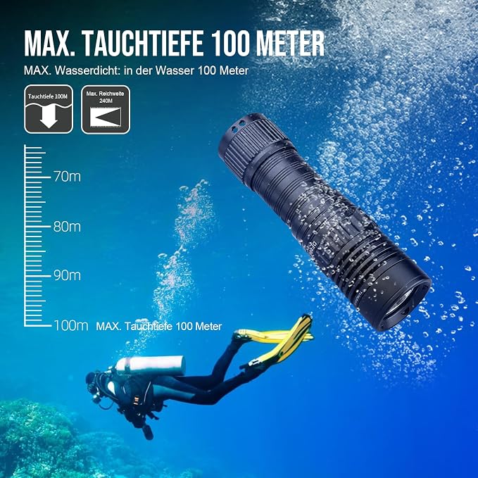 Trustfire DF006 Dive Light - 2300 Lumen Underwater Flashlight, 100 Meters Scuba Diving Light, IPX8 Waterproof, 3 Modes With Holder Glove