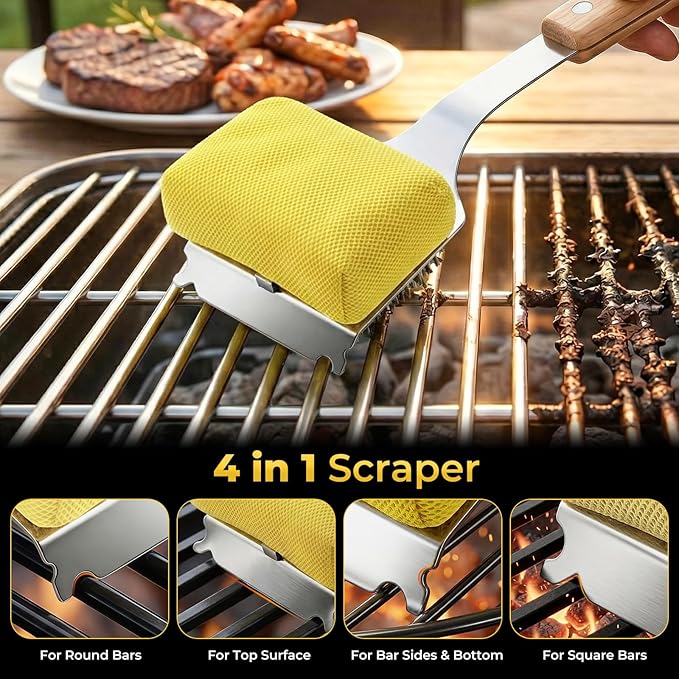 Grill Brush for Outdoor Grill Bristle Free, BBQ Grill Brush with Scraper & 2 Replaceable Heads, Safe Grill Steam Cleaner 17'' Long Handle Grilling Accessories for Cast Iron & Stainless Steel Grates