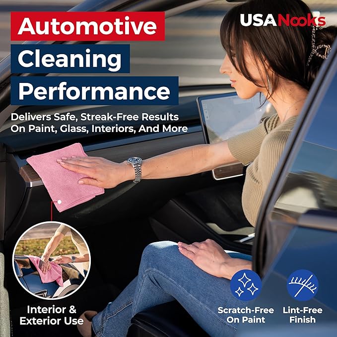 USANOOKS Microfiber Cleaning Cloth Light Pink - 12 Pcs 12.5"x12.5" - High Performance - 1200 Washes, Ultra Absorbent Towels Weave Grime & Liquid for Streak-Free Mirror Shine - Car Washing Cloth