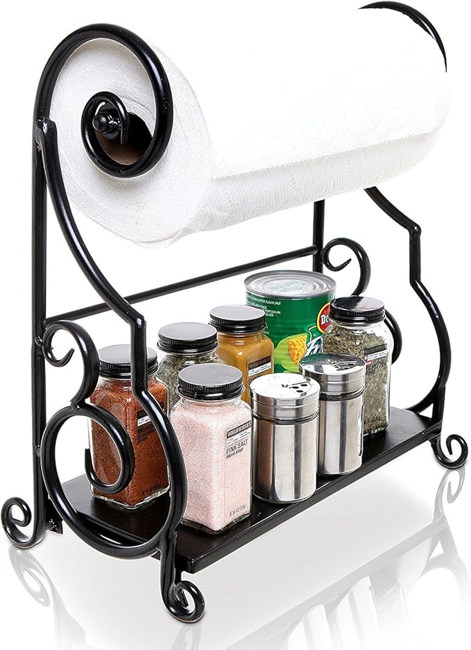 MyGift Paper Towel Holder Countertop with Shelf – Black Metal Freestanding Decorative Organizer for Kitchen, Scrollwork Design, Horizontal Storage for Spices, Napkins, and Condiments