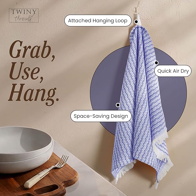 TWINY threads Kitchen Towel Chevron Pattern, Premium Large Kitchen Linen Set, 100% Cotton Wash Rags, Absorbent Quick Drying Cloth, Washable Reusable Multi Purpose, Set of 4, 16x26 Inches, Indigo Blue