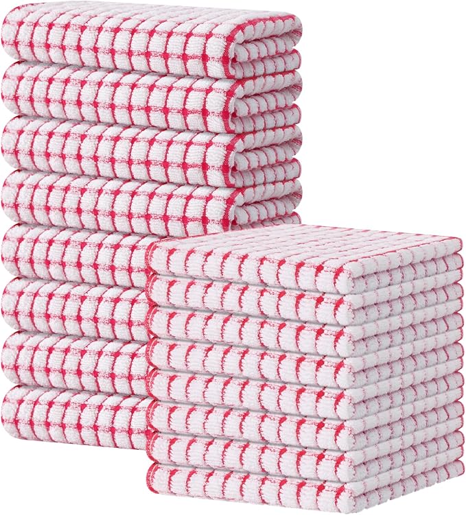 Kitinjoy Cotton 16 Pack Kitchen Towels and Dishcloths Sets, 16 x 25 Inch & 12 X 12 Inch Dish Towels Bulk, Super Soft and Absorbent Hand Towels for Kitchen Drying, Red