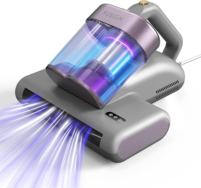 VUSIGN Mattress Vacuum Cleaner, 16Kpa Bed Vacuum Cleaner with 253.7nm UV-C Light, 140°F Heat, 40000RPM, HEPA Filter & Ultrasonic, Double-Cup Handheld Vacuums for Bed, Sofa, Couch, Crib(Corded, 500W)