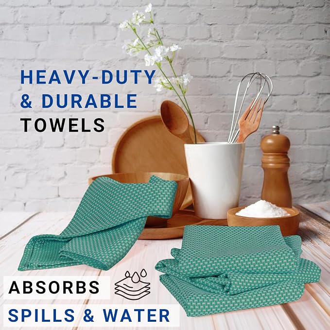 TWINY threads Kitchen Towels Set of 4, 100% Cotton Dotted Dish Towel, Soft, Tea Towels with Hanging Loop (18"x 28"), Washable Bar Towels for Table Cleaning - Turquoise Green