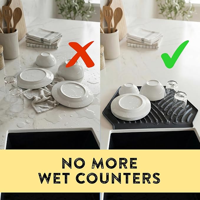 Silicone Dish Drying Mat with Drain, Self-Draining, Heat Resistant & Non-Slip Kitchen Counter Mat, Easy to Clean, Reusable, (19.3'' x 13'', Charcoal Grey)