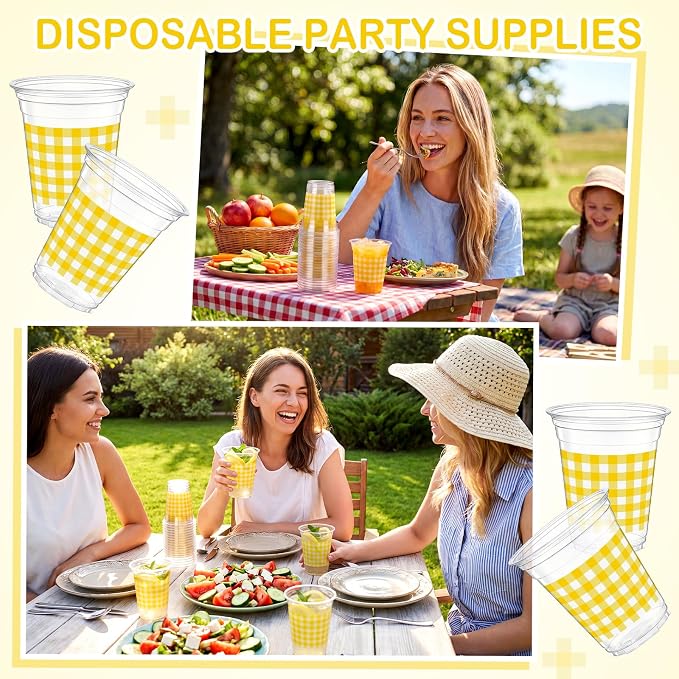 Qinyoung Checkered Plastic Cups 12oz Gingham Party Disposable Cups Bulk Drinking Cup for Cold Drinks Baby Shower Wedding Summer Birthday Party Supplies(Yellow and White,50 Pcs)