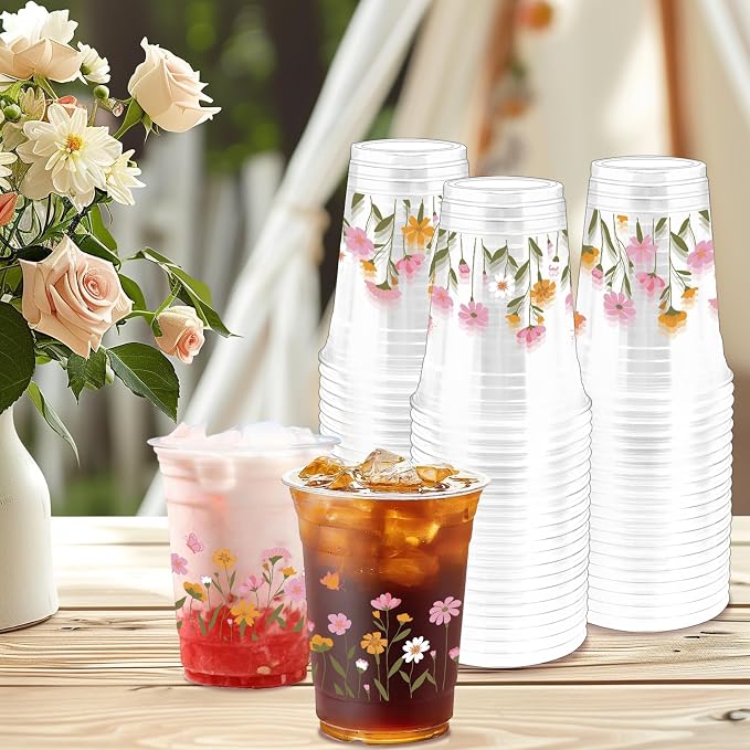 100Pcs Flower Plastic Party Cups, 12oz Flower Disposable Clear Cups for Spring Parties, Picnics, Holiday Gatherings, Floral Theme Birthday Party Drinking Supplies